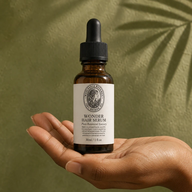 A closed 30 mL Wonder Hair Serum bottle resting in an adult hand